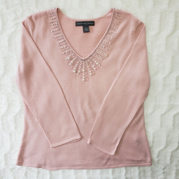Josephine Chaus Sweaters - Josephine Chaus V-neck Pearl Beaded Pink Sweater Sz. M
